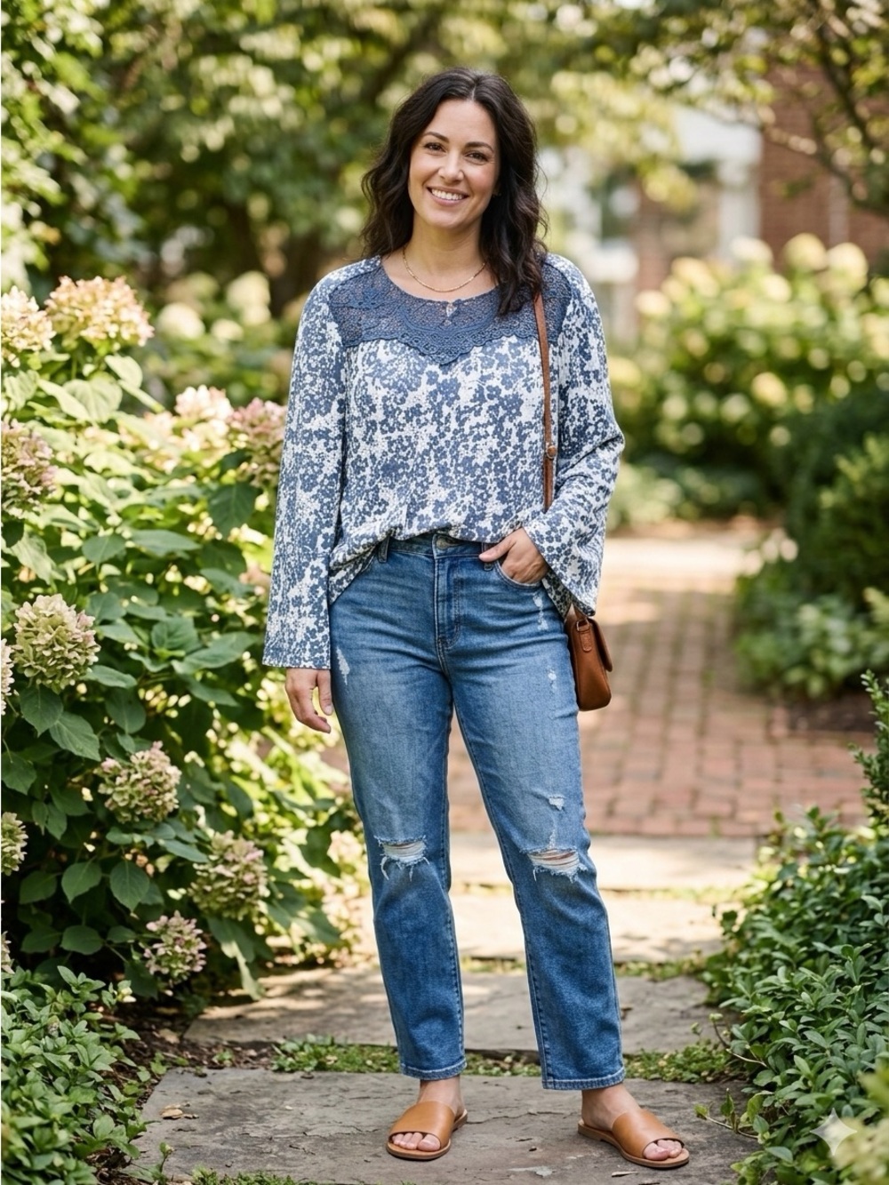 Cato Women's Blue & White Ditsy Floral Blouse with Crochet Lace Yoke (Size XL)